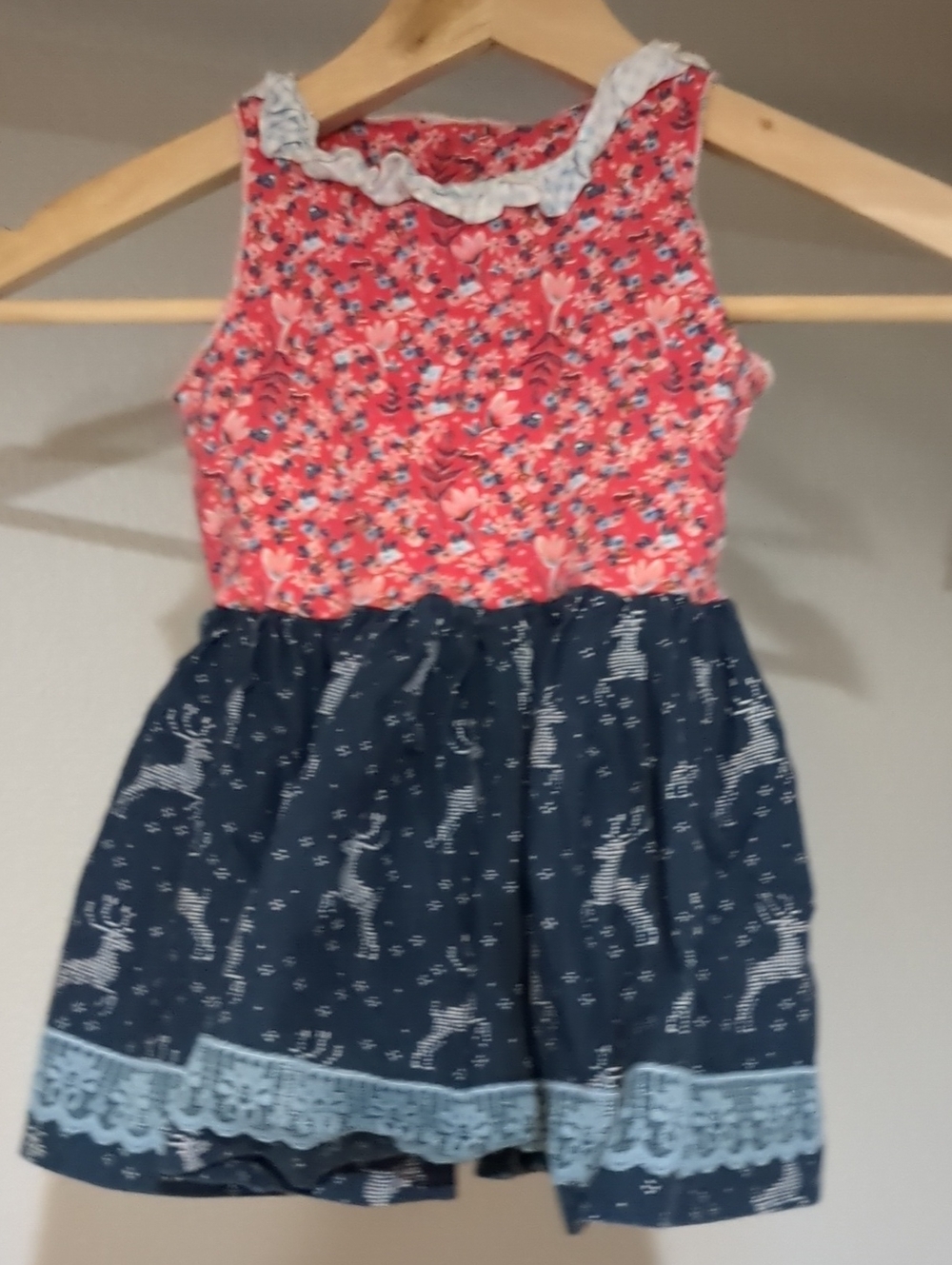 Matilda Jane Coral Floral Bodice with Navy Deer-Print Skirt Dress